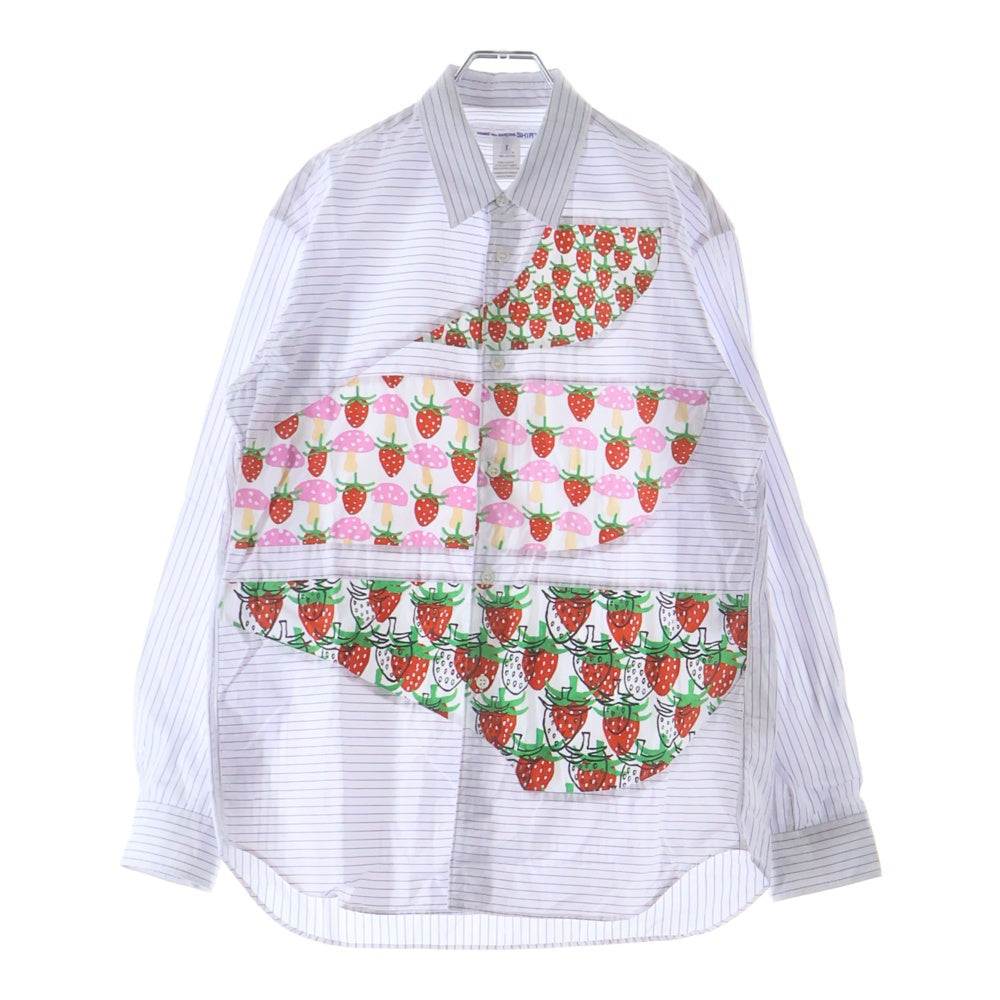 COMME des GARCONS SHIRT(コムデギャルソンシャツ) 23SS ×Brett Westfall ブレット・ウェストフォール イチゴ柄ドッキング 長袖ストライプシャツ ホワイト/ブルー FK-B003