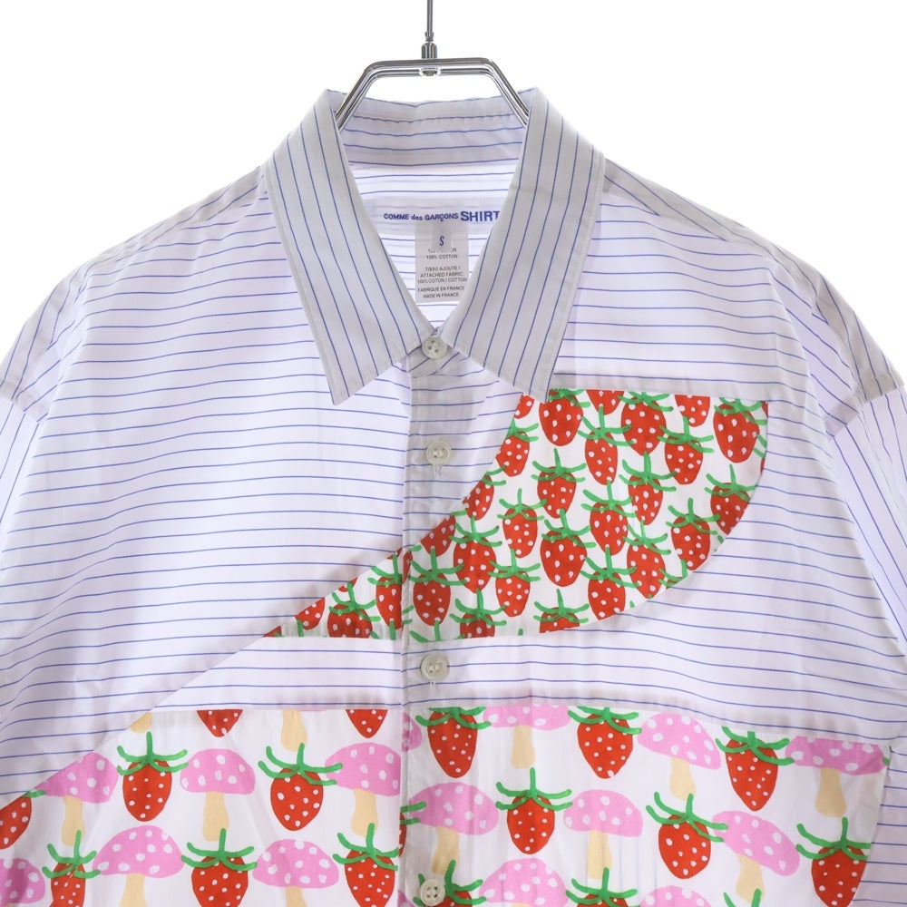 COMME des GARCONS SHIRT(コムデギャルソンシャツ) 23SS ×Brett Westfall ブレット・ウェストフォール イチゴ柄ドッキング 長袖ストライプシャツ ホワイト/ブルー FK-B003