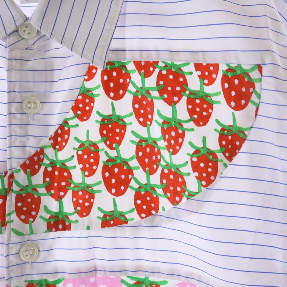 COMME des GARCONS SHIRT(コムデギャルソンシャツ) 23SS ×Brett Westfall ブレット・ウェストフォール イチゴ柄ドッキング 長袖ストライプシャツ ホワイト/ブルー FK-B003