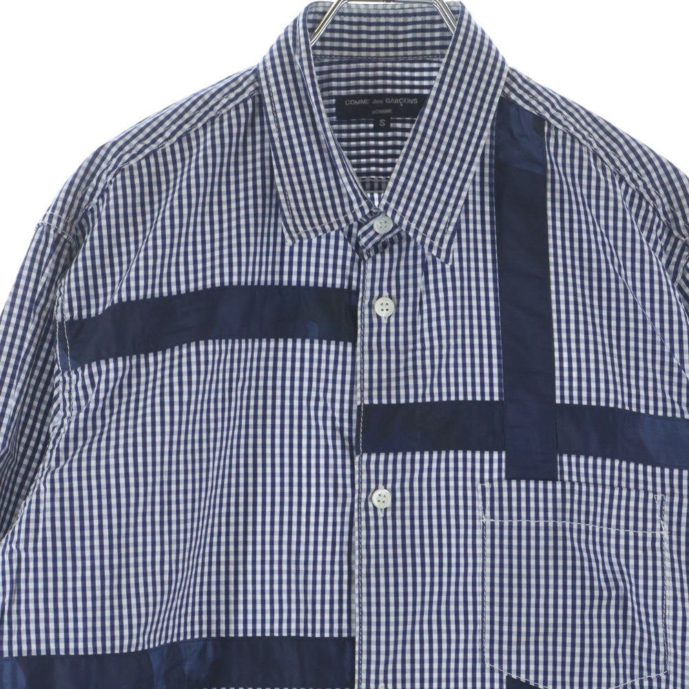 COMME des GARCONS HOMME(コムデギャルソンオム) 20SS AD2019 カモフラ柄切替 長袖ギンガムチェックシャツ ネイビー/ホワイト HE-B025