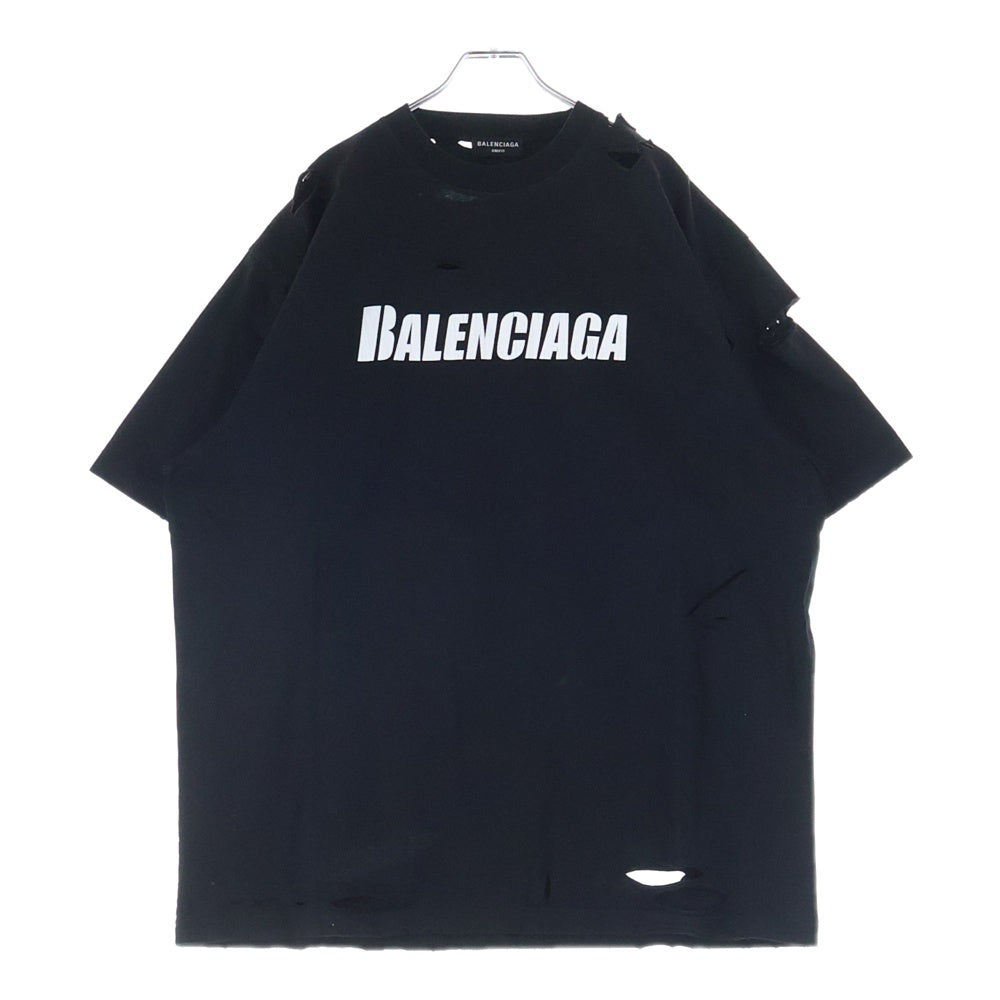 BALENCIAGA(バレンシアガ) 21SS Caps Destroyed Flatground Tee デストロイ加工 フロントロゴTシャツ 半袖クルーネックカットソー ブラック 651795 TKVB8