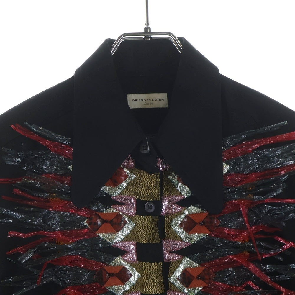 DRIES VAN NOTEN(ドリスヴァンノッテン) Embellished Shirt With Raffia Trim レーヨン混 ラフィアトリム エンブリッシュ長袖シャツ ブラック 71-01-86-01104
