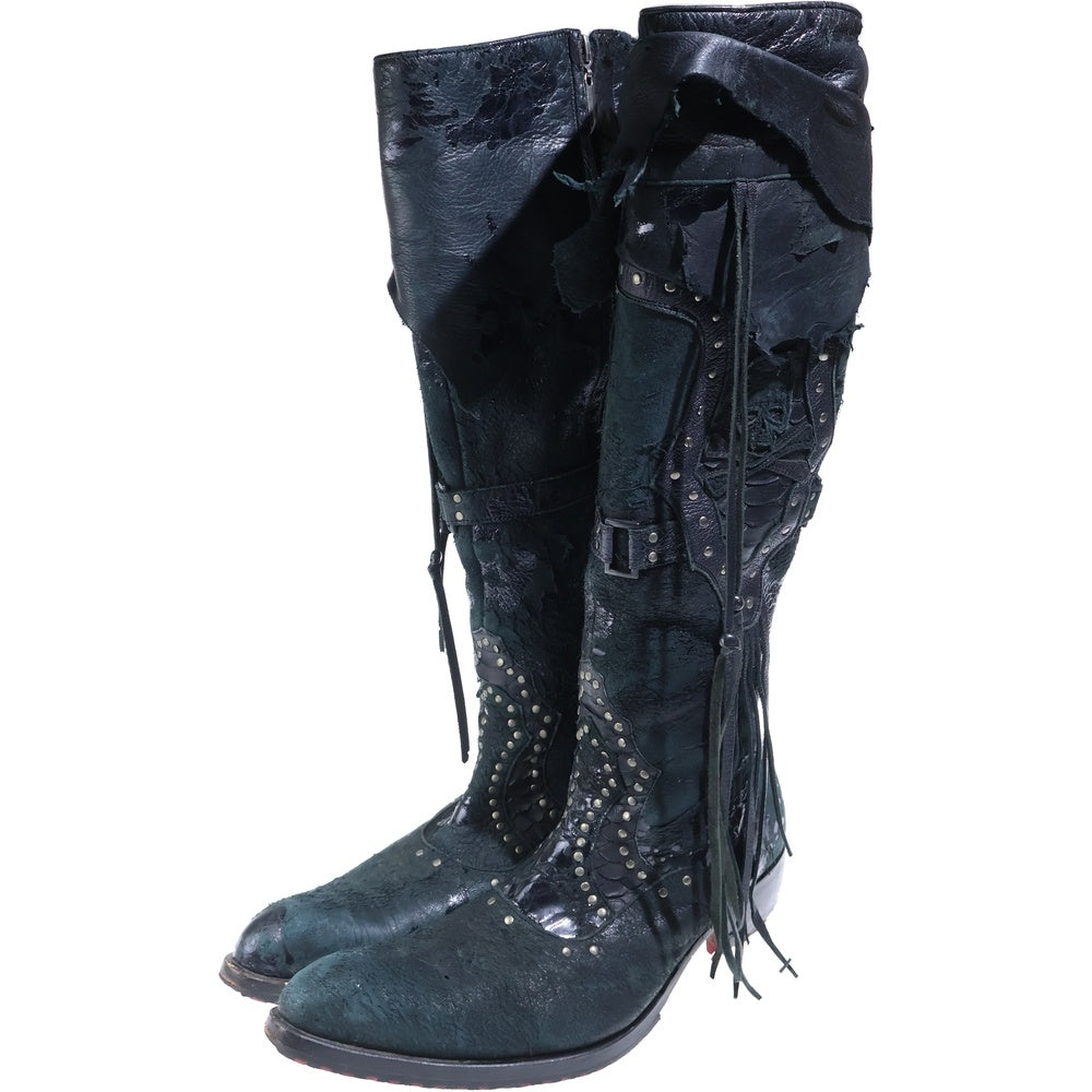HIROMU TAKAHARA(ヒロム タカハラ) Waxed Distressed Deer Leather Boots ダメージ加工 ディアスキン サイドジップハイカットレザーブーツ ブラック 91110018