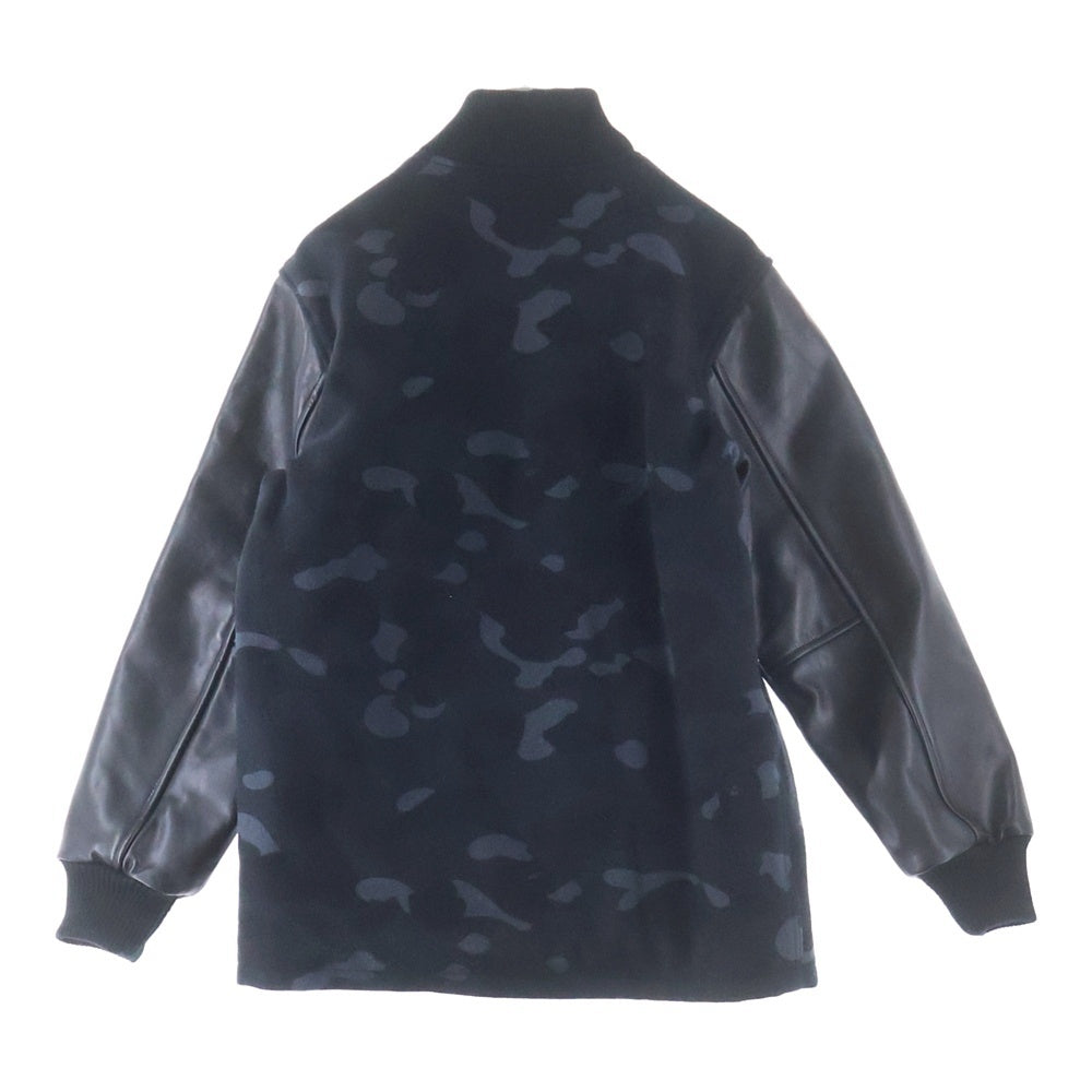 A BATHING APE(アベイシングエイプ) BLACK CAMO LEATHER VARSITY JACKET ブラックカモ総柄 アームレザー切替 ウールバーシティジャケット ジップアップブルゾン ブラック 001HJ0801003X