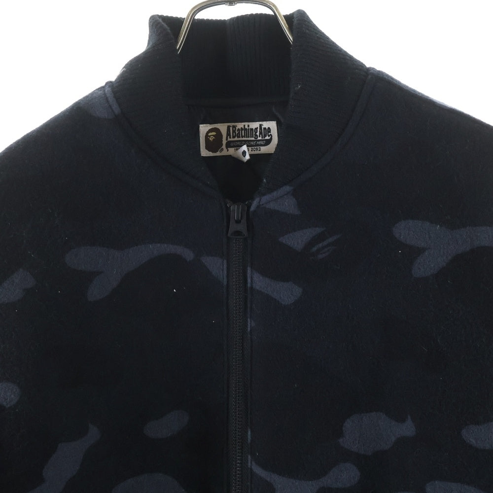 A BATHING APE(アベイシングエイプ) BLACK CAMO LEATHER VARSITY JACKET ブラックカモ総柄 アームレザー切替 ウールバーシティジャケット ジップアップブルゾン ブラック 001HJ0801003X