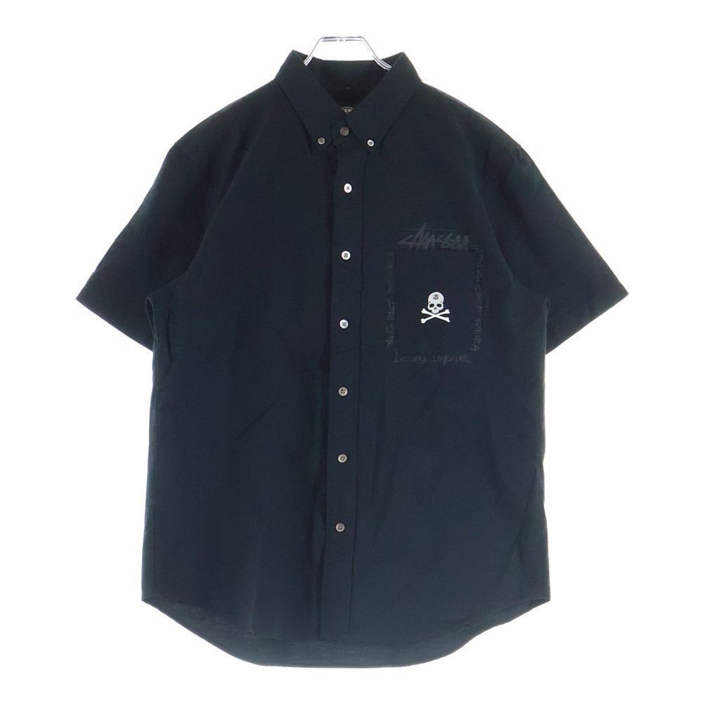 STUSSY(ステューシー) ×mastermind JAPAN マスターマインドジャパン スカル刺繍 半袖ボタンダウンシャツ ブラック