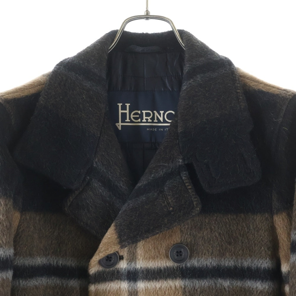HERNO(ヘルノ) モヘア混 チェック柄 ウールダブルブレスト チェスターコート ブラウン/ブラック PE0015U-33507-9322