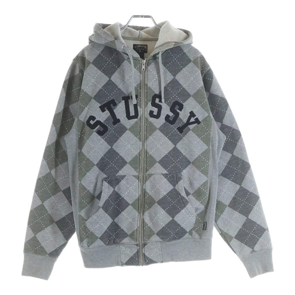 STUSSY(ステューシー) 00S グリーンアーガイル柄 ダブルポケット ジップアップ フーデッド パーカー グレー