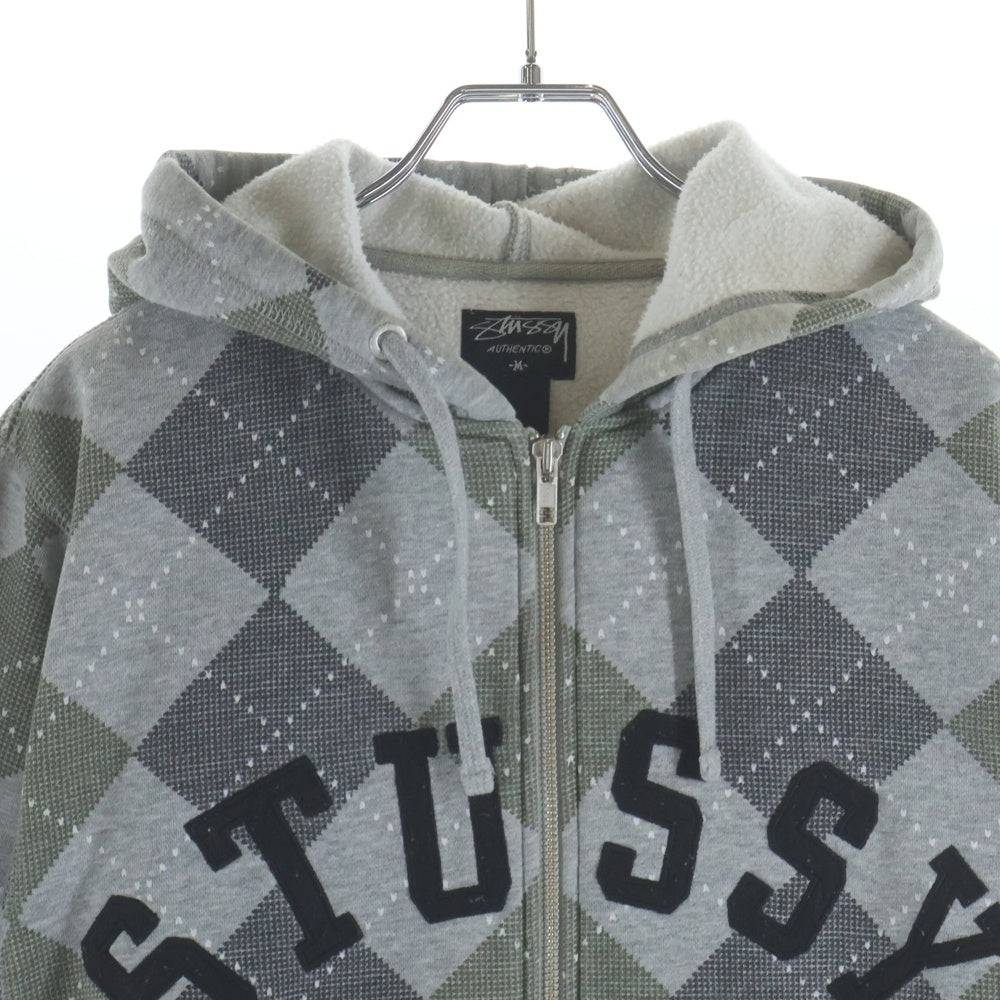 STUSSY(ステューシー) 00S グリーンアーガイル柄 ダブルポケット ジップアップ フーデッド パーカー グレー