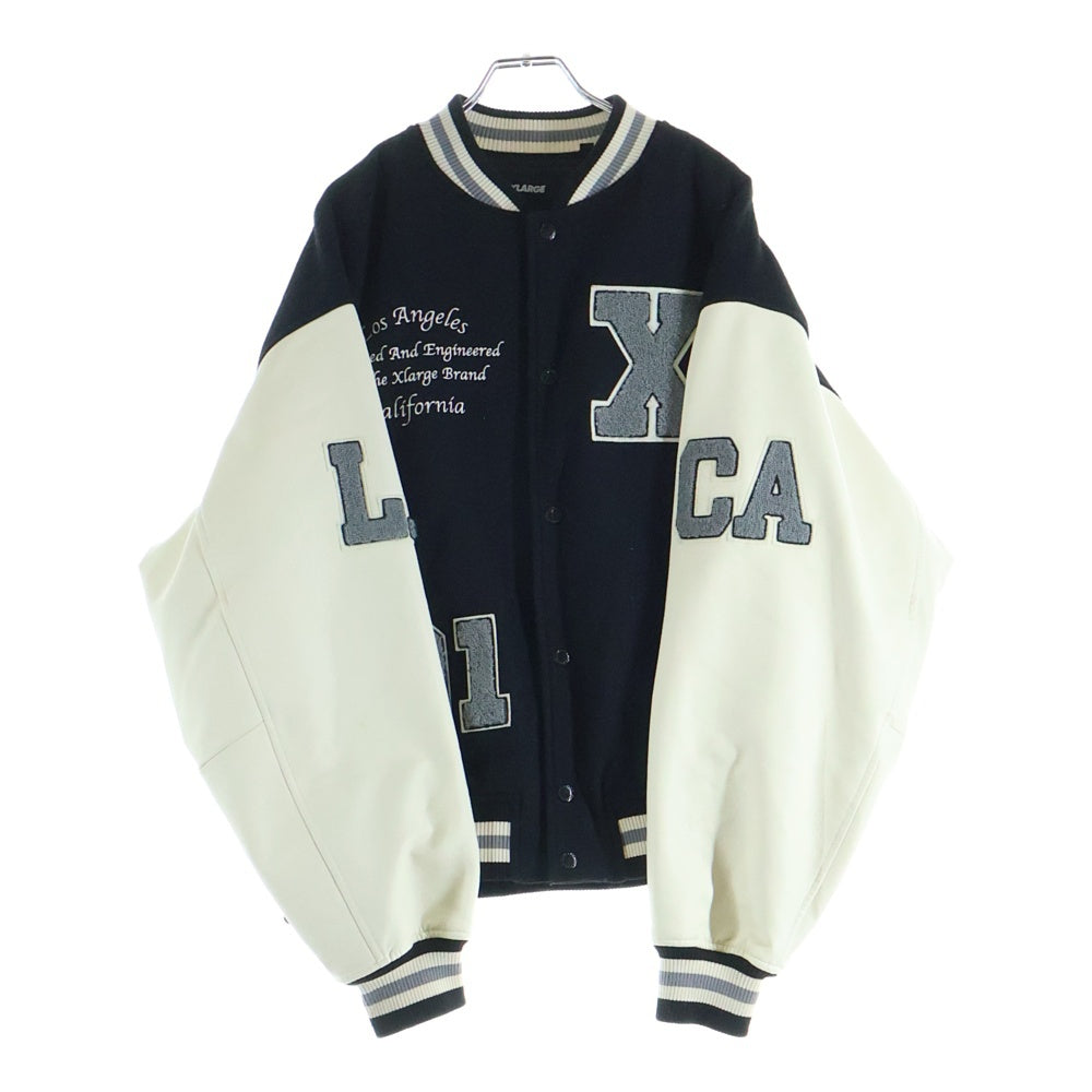 X-LARGE(エクストララージ) 23AW OG LOGO VARSITY JACKET ロゴエンブロイダリー アームレザー切替 バーシティジャケット ブラック 101234021009