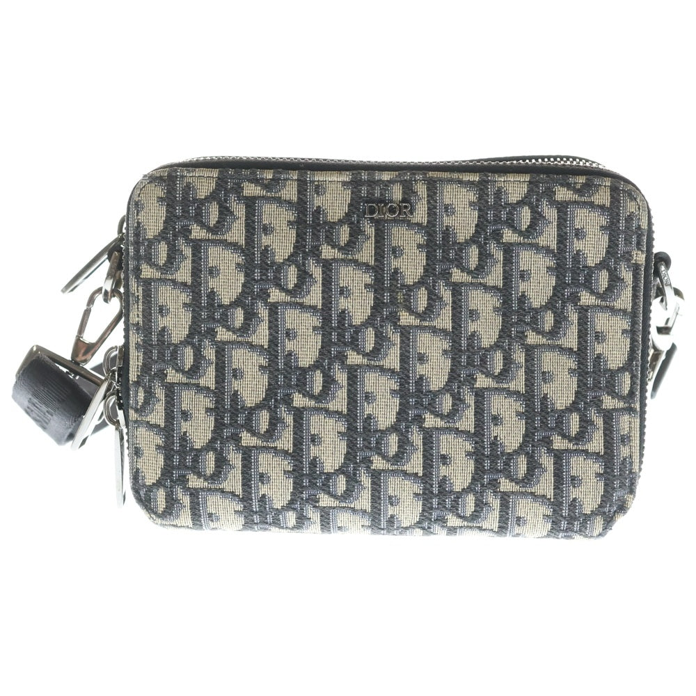 DIOR(ディオール) オブリーク ジャガード ストラップ付 キャンバス レザー ジップアップショルダーバッグ ポーチ ネイビー 20BBC119YSE_H05E