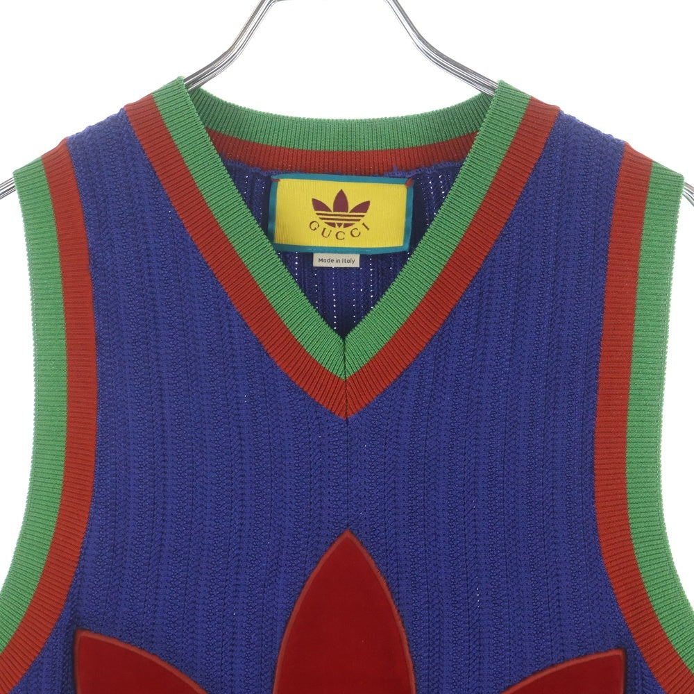 GUCCI(グッチ) VISCOSE VEST BLUE ベルベットトレフォイルロゴ レーヨンニットベスト ブルー/レッド 696245 XKCIC
