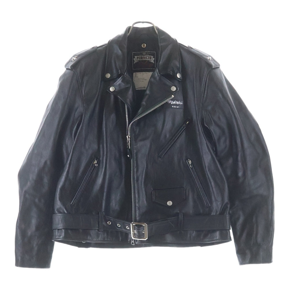 Sacai(サカイ) 22AW×MADSAKI×SCHOTT LEATHER BLOUSON マサキ ショット バックプリント ジップアップ ダブルレザーライダースジャケット ブラック 22-02878M
