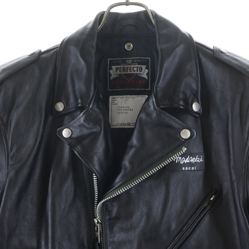 Sacai(サカイ) 22AW×MADSAKI×SCHOTT LEATHER BLOUSON マサキ ショット バックプリント ジップアップ ダブルレザーライダースジャケット ブラック 22-02878M