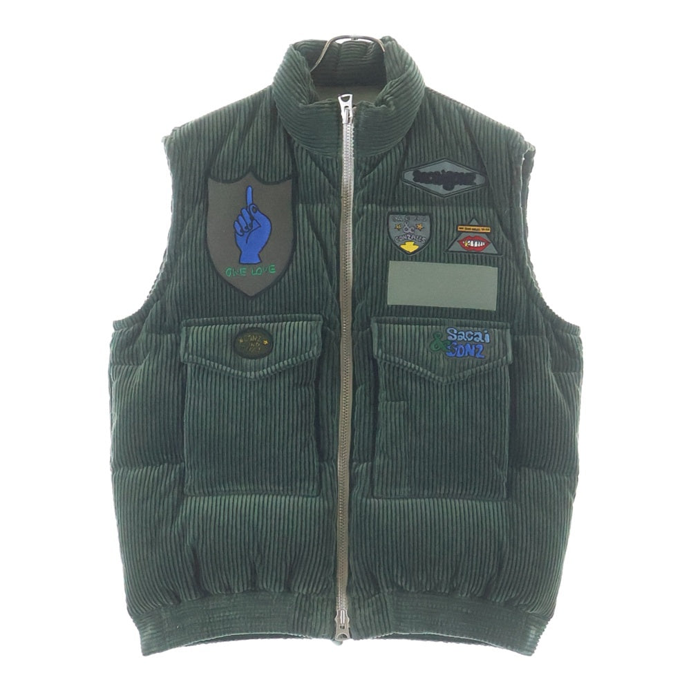 Sacai(サカイ) 24AW ×MARK GONZALES MULTI PATCH DOWN VEST マークゴンザレス ワッペン付き コーデュロイ ジップアップ ダウンベスト グリーン 24-03551M
