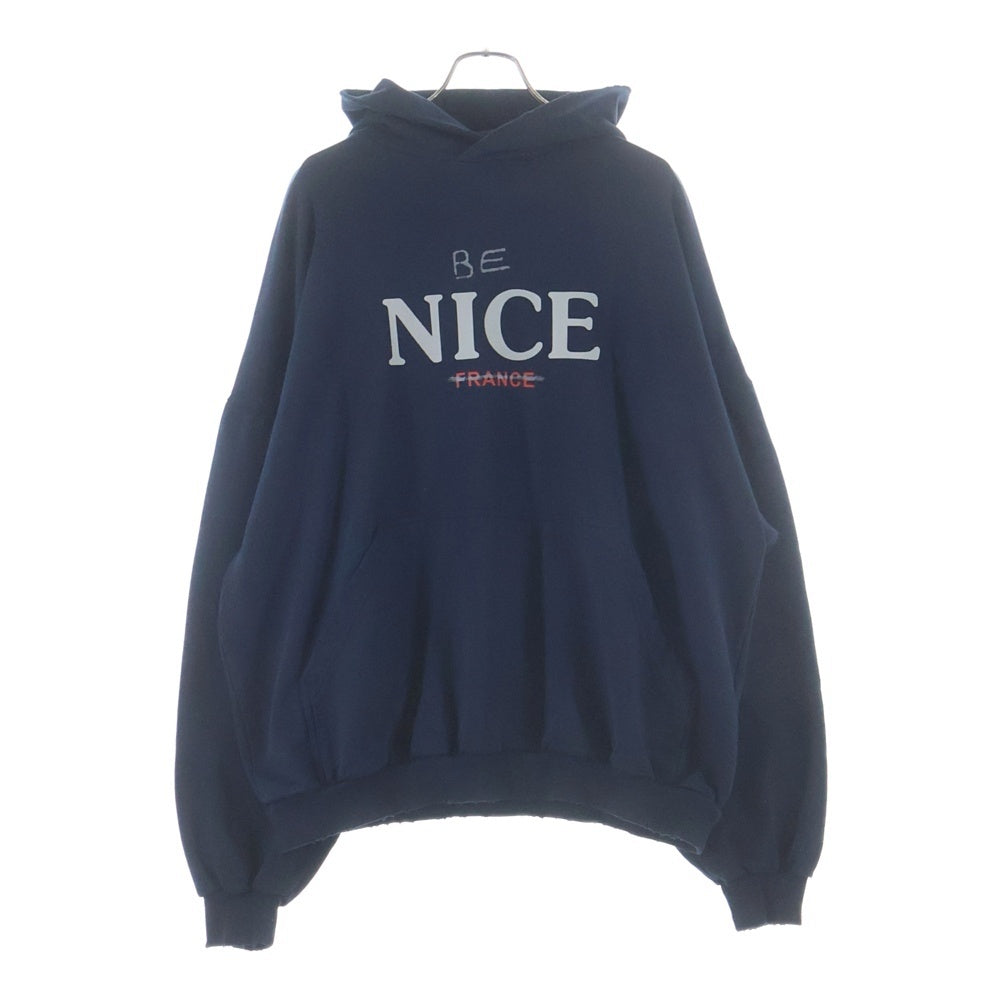 BALENCIAGA(バレンシアガ) 23AW ROUND HOODIE BE NICE フロントプリント ダメージデザイン スウェット プルオーバー ラウンド フーディー パーカー ネイビー 761458TPVE5