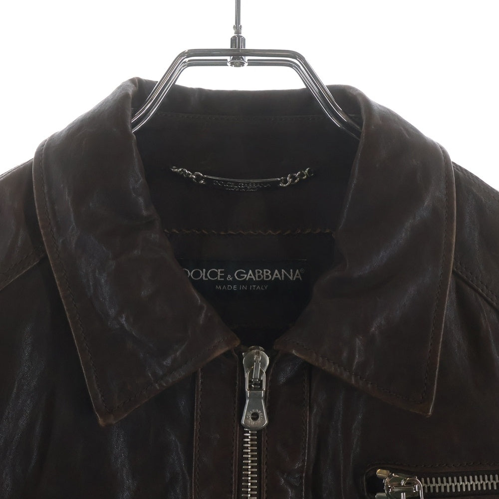 DOLCE & GABBANA(ドルチェアンドガッバーナ) アームロゴ 金具パッチ マルチポケットデザイン ジップアップ レザージャケット ブラウン LS-G9I74L/FULQD-B
