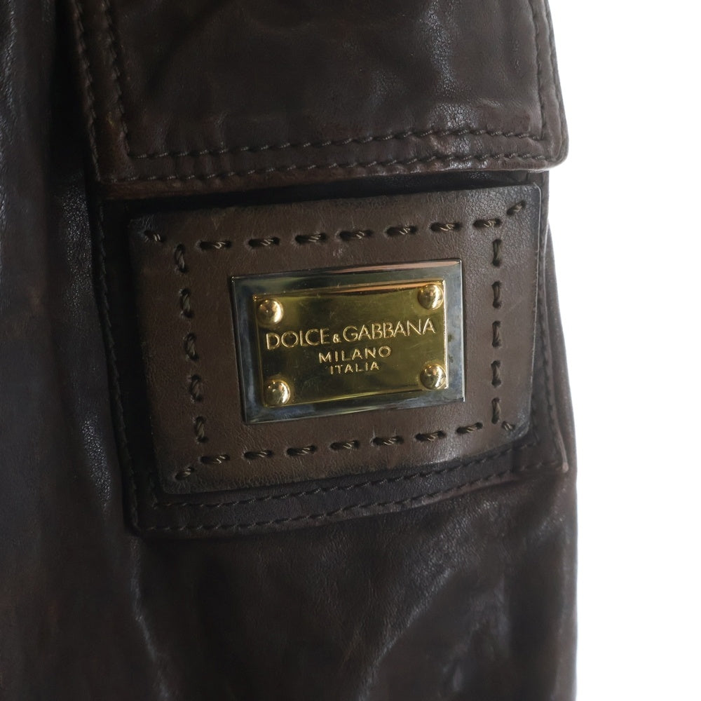 DOLCE & GABBANA(ドルチェアンドガッバーナ) アームロゴ 金具パッチ マルチポケットデザイン ジップアップ レザージャケット ブラウン LS-G9I74L/FULQD-B