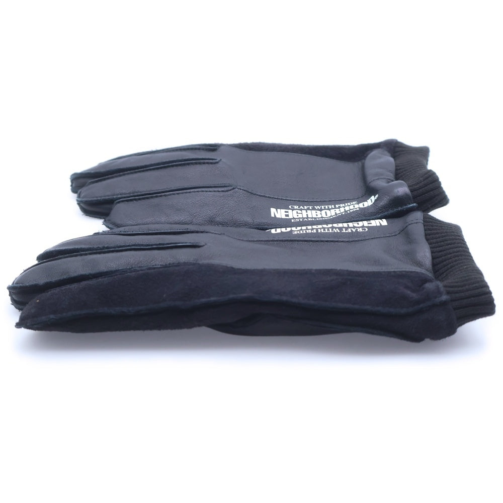 NEIGHBORHOOD(ネイバーフッド) 22AW LEATHER PANEL GLOVE ロゴプリント レザー パネル切替 グローブ 手袋 ブラック