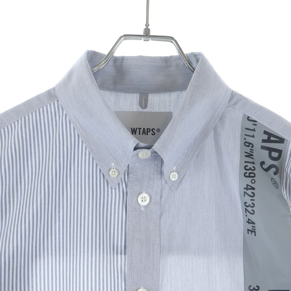WTAPS(ダブルタップス) 24SS BD 01 /LS / CTPL. BROADCLOTH. TEXTILE. テキシタイルロゴプリント ドッキング 長袖ストライプシャツ ホワイト/グレー 241TQDT-SHM01
