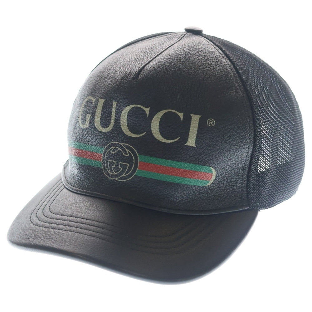 GUCCI(グッチ) フロントプリントロゴデザイン 5パネル レザー ベースボールキャップ 帽子 ブラック 26887-202291