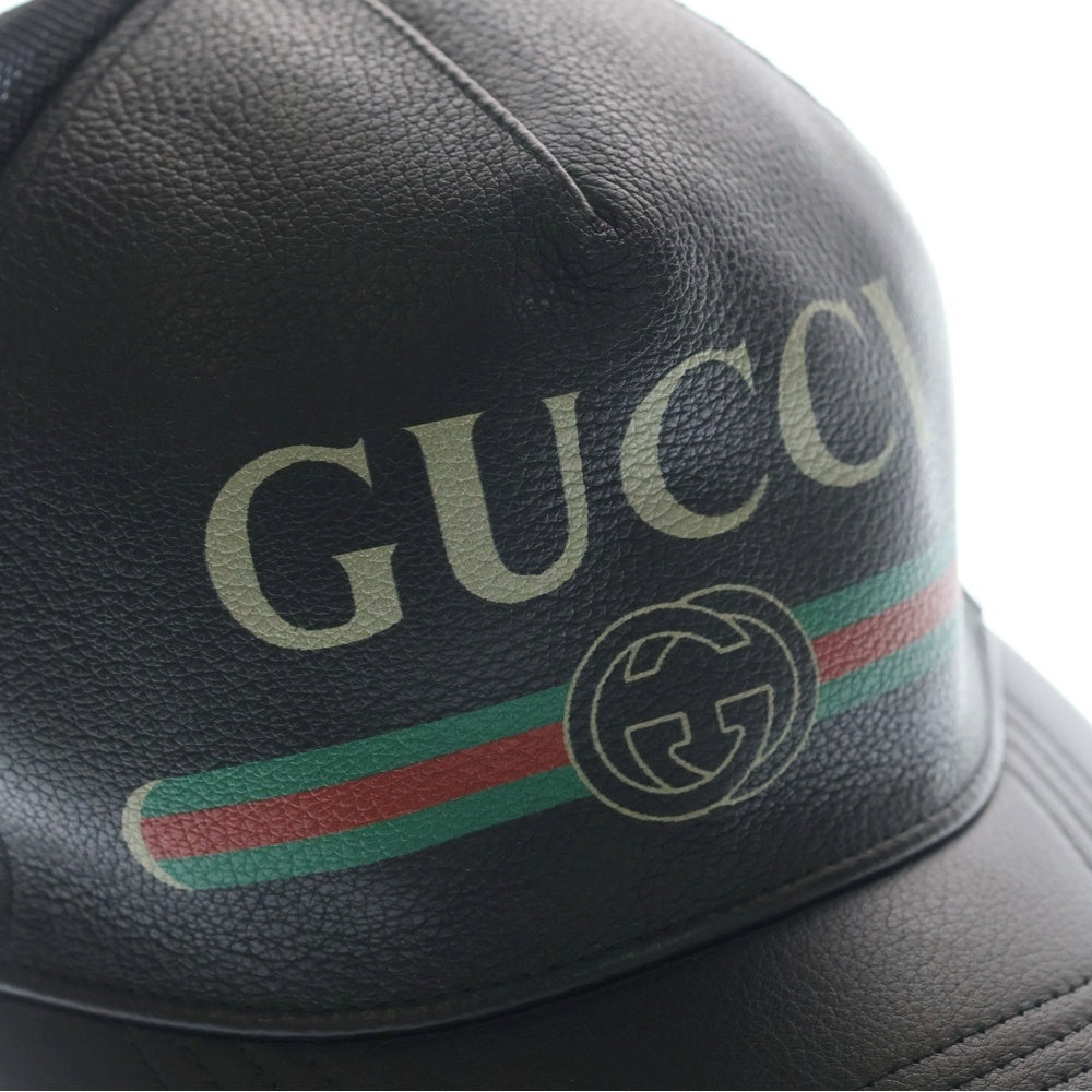 GUCCI(グッチ) フロントプリントロゴデザイン 5パネル レザー ベースボールキャップ 帽子 ブラック 26887-202291