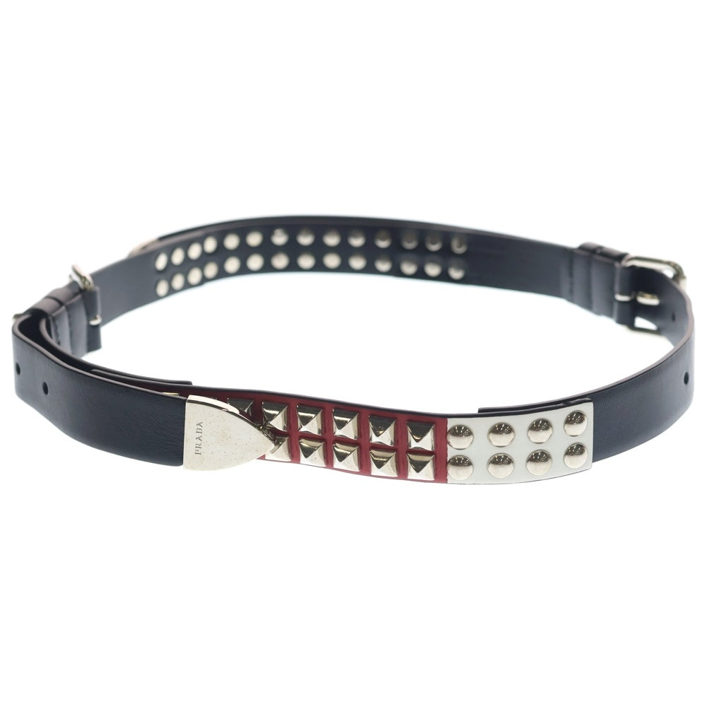 PRADA(プラダ) マルチスタッズ ダブルバックル レザーベルト ブラック/レッド シルバー金具 1CM141