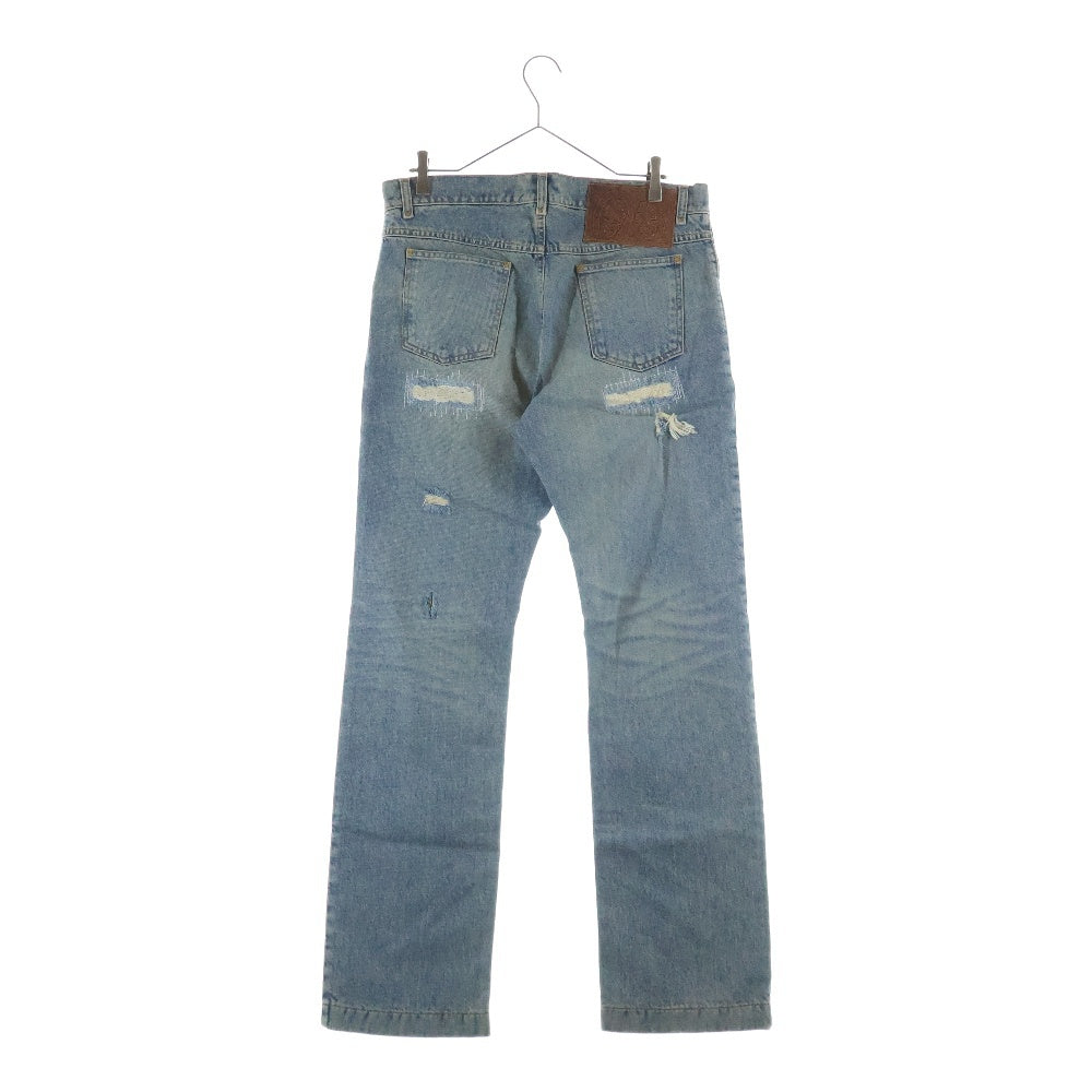 DOLCE & GABBANA(ドルチェアンドガッバーナ) 00S レザーロゴパッチ クラッシュ加工 5ポケット ジップフライ ストレート デニムパンツ インディゴ S0616 9429