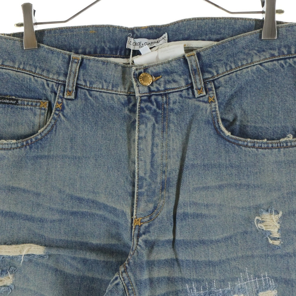 DOLCE & GABBANA(ドルチェアンドガッバーナ) 00S レザーロゴパッチ クラッシュ加工 5ポケット ジップフライ ストレート デニムパンツ インディゴ S0616 9429