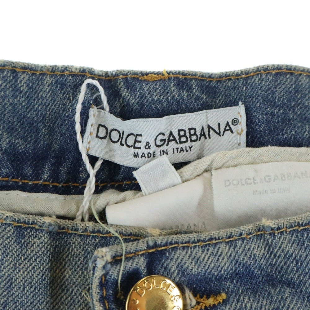 DOLCE & GABBANA(ドルチェアンドガッバーナ) 00S レザーロゴパッチ クラッシュ加工 5ポケット ジップフライ ストレート デニムパンツ インディゴ S0616 9429