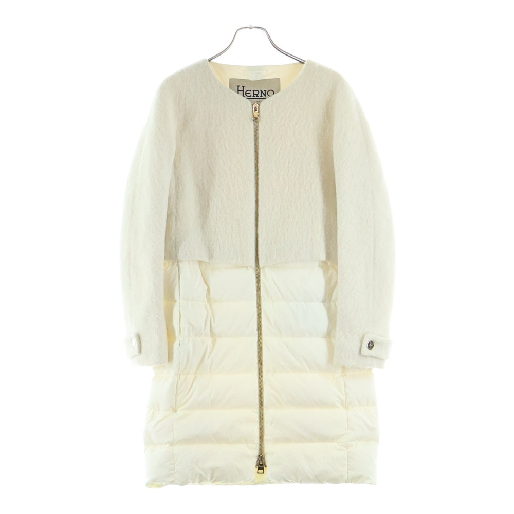 HERNO(ヘルノ) ウールダウン切り替えデザイン ノーカラー ジップアップロングコート ホワイト CA0275D-39138-1000 レディース