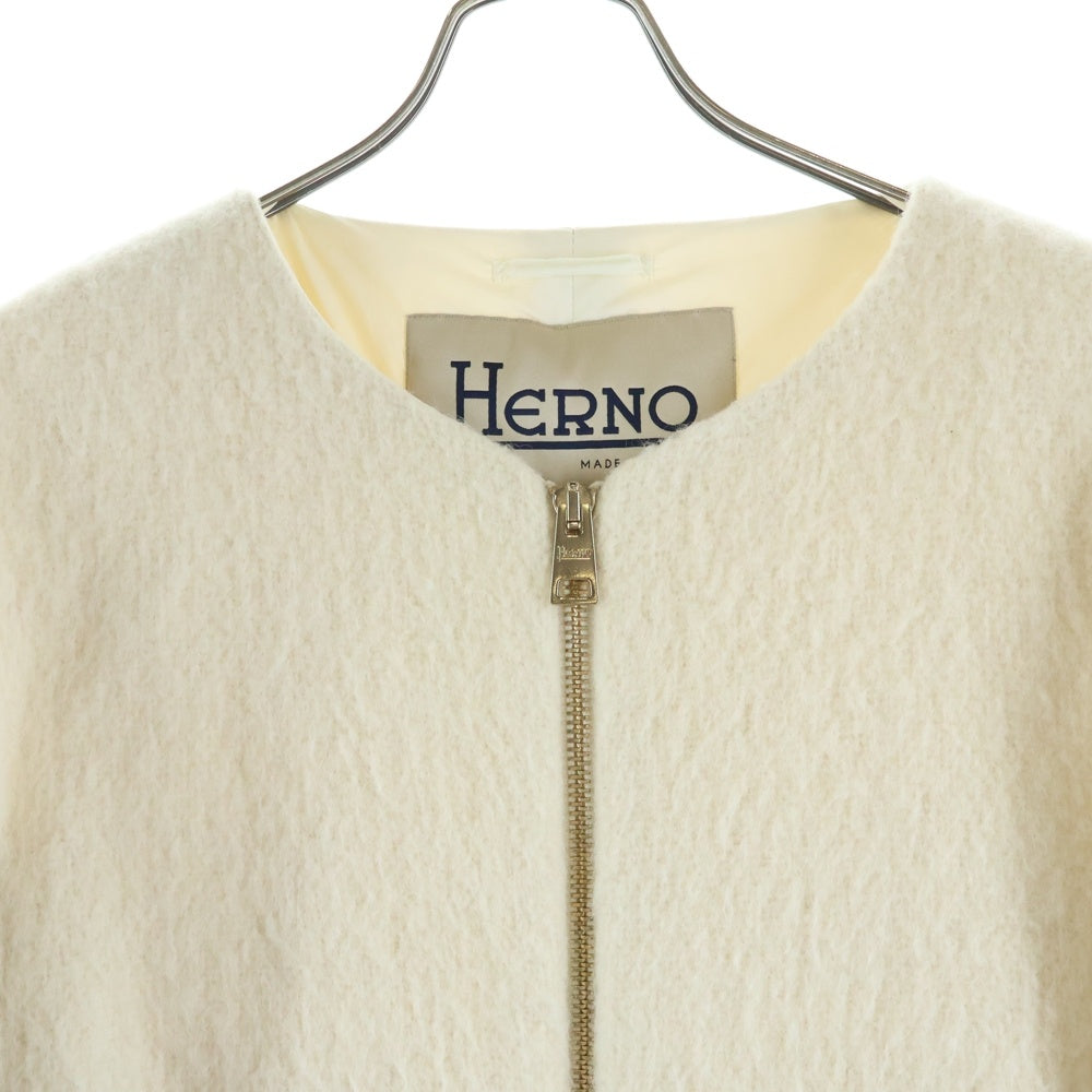 HERNO(ヘルノ) ウールダウン切り替えデザイン ノーカラー ジップアップロングコート ホワイト CA0275D-39138-1000 レディース
