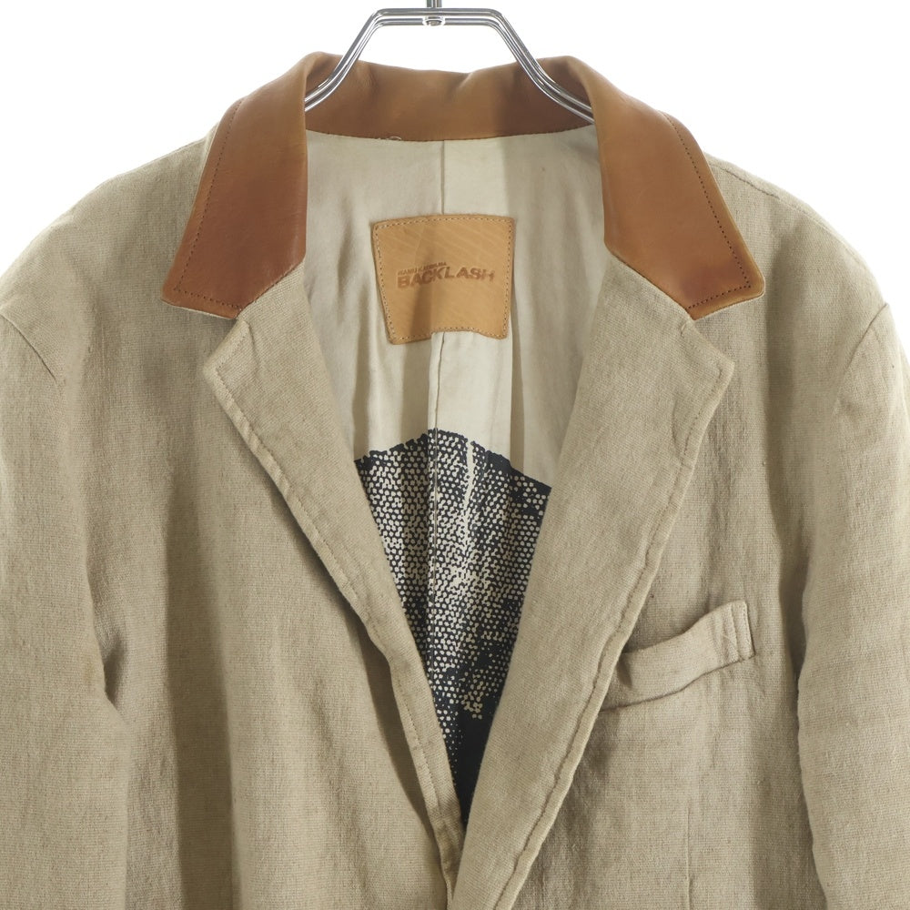 ISAMU KATAYAMA BACKLASH(イサムカタヤマバックラッシュ) 15SS コットンリネン製品染め カーフレザーカラー 1ボタン センターベント シングルジャケット ベージュ 1504-04