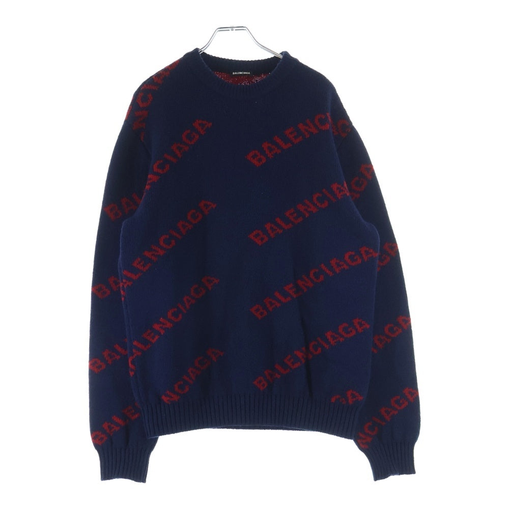 BALENCIAGA(バレンシアガ) 18SS ALLOVER LOGO CREWNECK KNIT オールオーバーロゴ クルーネック長袖 ニットセーター ネイビー/レッド 547831 T1473