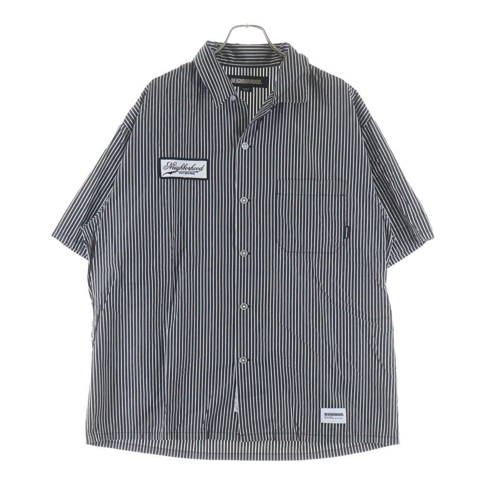 NEIGHBORHOOD(ネイバーフッド) 24SS STRIPE WORK SHIRT ロゴエンブロイダリー ストライプ レギュラーカラー 半袖シャツ ワークシャツ ブラック/ホワイト 241TSNH-SHM03