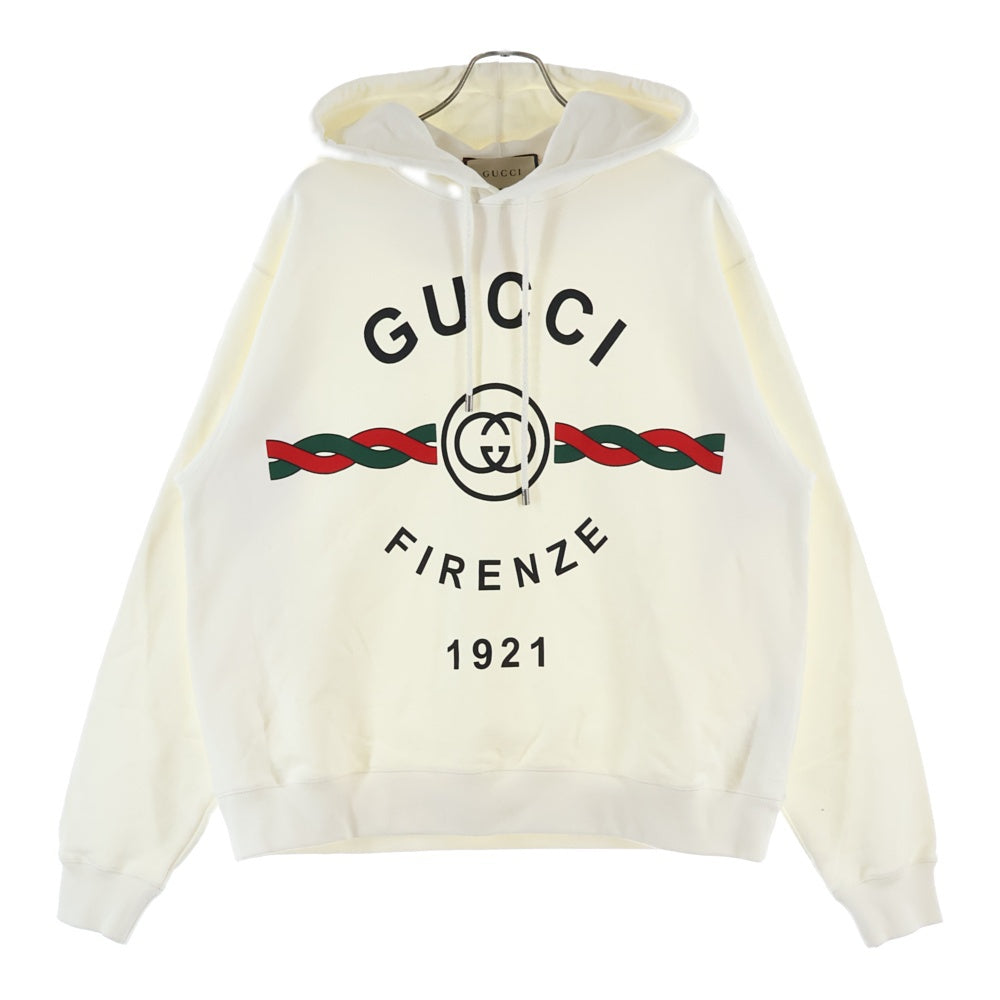 GUCCI(グッチ) 24AW FIRENZE 1921 HOODED SWEAT SHIRT フリンジ ロゴプリント プルオーバースウェットパーカー フーディー ホワイト 646953 XJD70