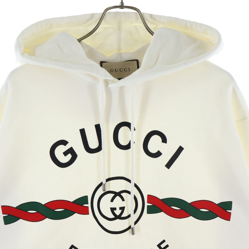 GUCCI(グッチ) 24AW FIRENZE 1921 HOODED SWEAT SHIRT フリンジ ロゴプリント プルオーバースウェットパーカー フーディー ホワイト 646953 XJD70