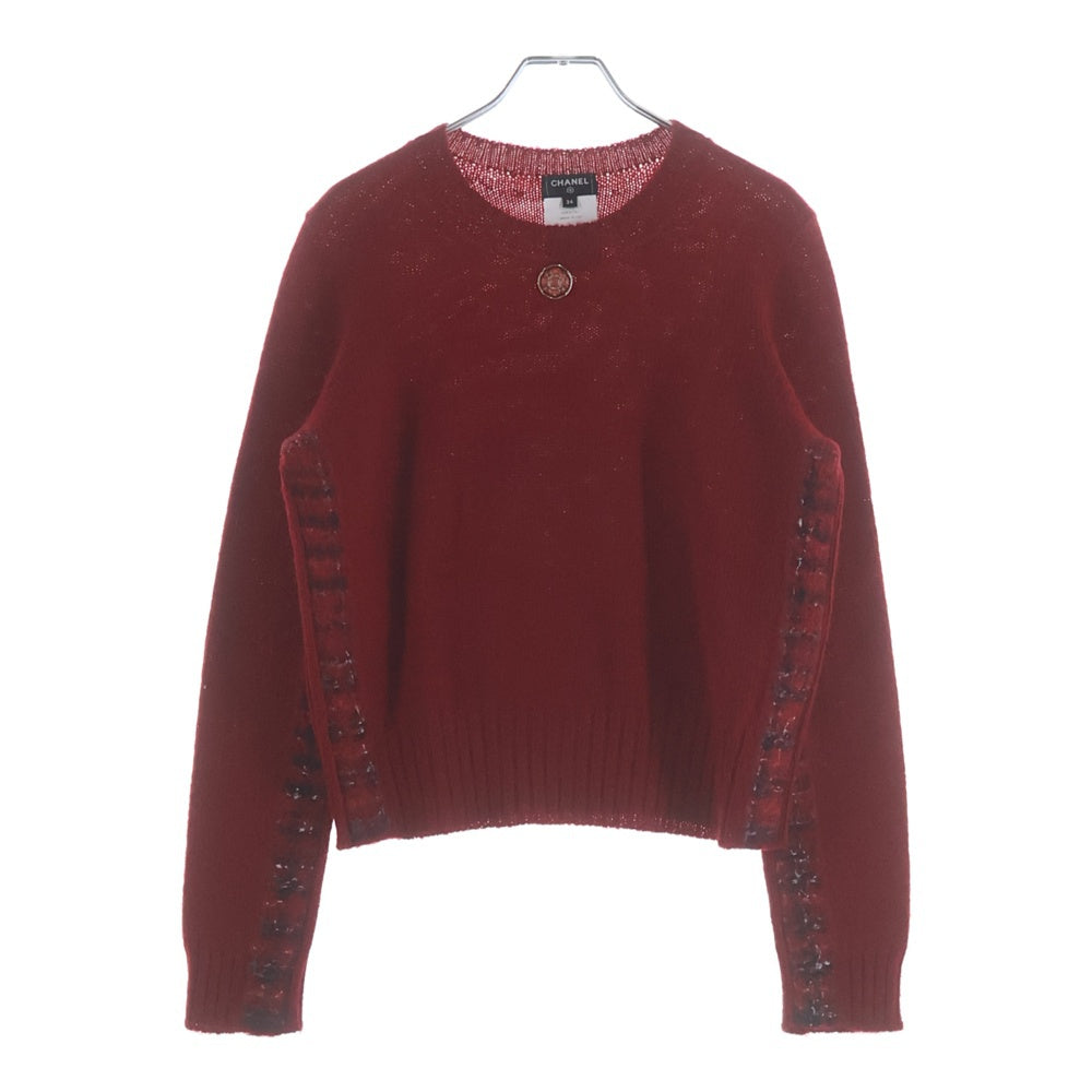 CHANEL シャネル フラワーブローチ ウール サイドライン クルーネックニット セーター レディース レッド P77494K11190 CHANEL(シャネル) フラワーブローチ ウール サイドライン クルーネック