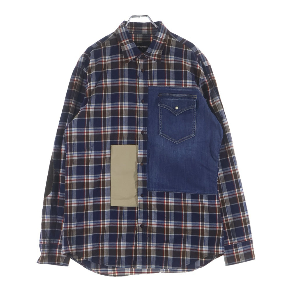 DSQUARED2 ディースクエアード 21AW チェック柄 長袖デニムウェスタンシャツ インディゴ/ブラウン S71DM049 DSQUARED2(ディースクエアード) 21AW チェック柄 長袖デニムウェスタン