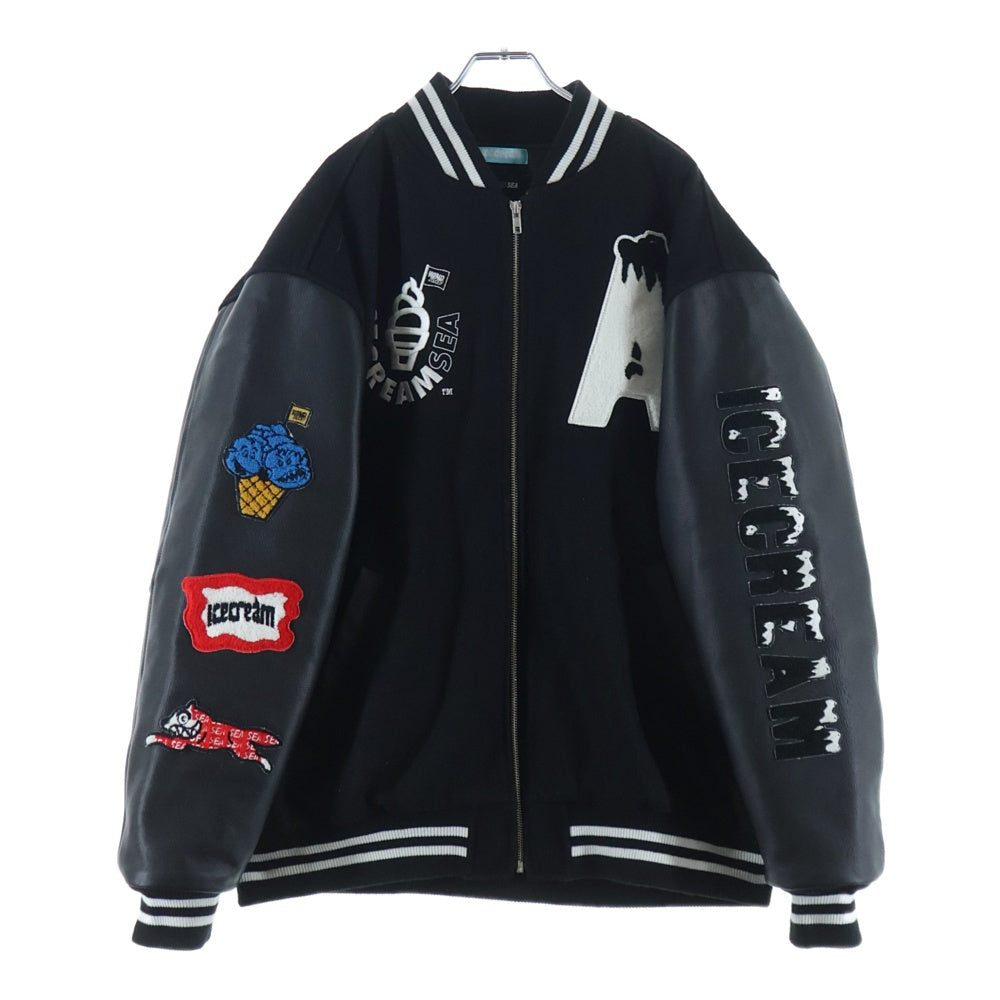 WIND AND SEA(ウィンダンシー) ×ICE CREAM VARSITY JACKET アイスクリーム マルチパッチ アームレザー バーシティジャケット スタジャンブルゾン ブラック ICJP215SX004