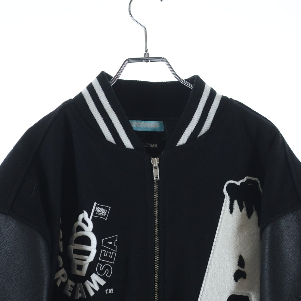 WIND AND SEA(ウィンダンシー) ×ICE CREAM VARSITY JACKET アイスクリーム マルチパッチ アームレザー バーシティジャケット スタジャンブルゾン ブラック ICJP215SX004