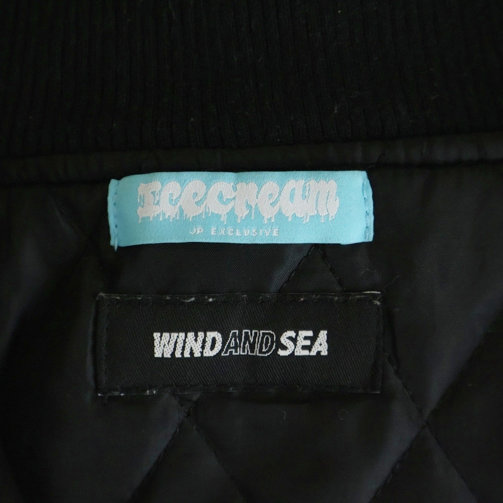WIND AND SEA(ウィンダンシー) ×ICE CREAM VARSITY JACKET アイスクリーム マルチパッチ アームレザー バーシティジャケット スタジャンブルゾン ブラック ICJP215SX004
