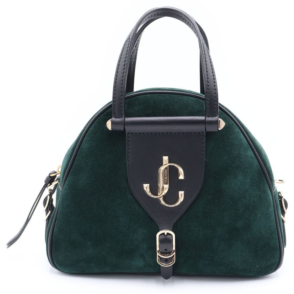JIMMY CHOO(ジミーチュウ) VARENNE BOWLING ヴァレンヌ ボーリング ロゴ ゴールド金具 カーフレザー スウェード ハンドバッグ グリーン レディース