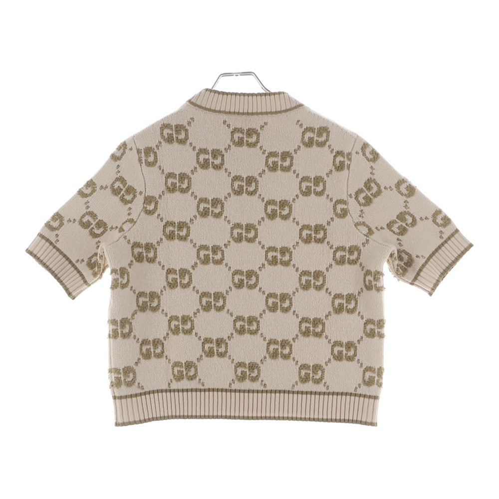 GUCCI(グッチ) GGブークレ ウール ジャガード トップ ロゴ総柄 モックネック プルオーバー 半袖ニット セーター ベージュ レディース 770059 XKCNA