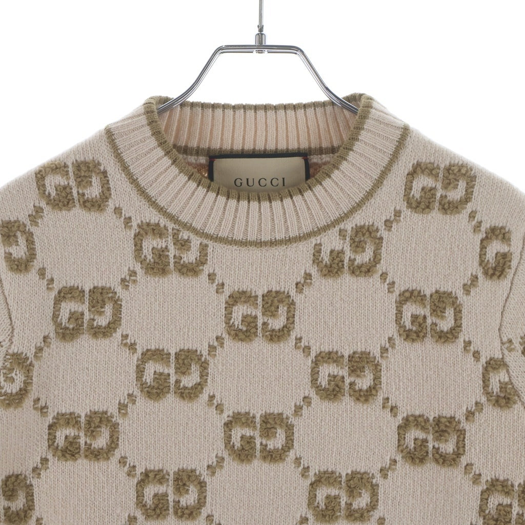 GUCCI(グッチ) GGブークレ ウール ジャガード トップ ロゴ総柄 モックネック プルオーバー 半袖ニット セーター ベージュ レディース 770059 XKCNA
