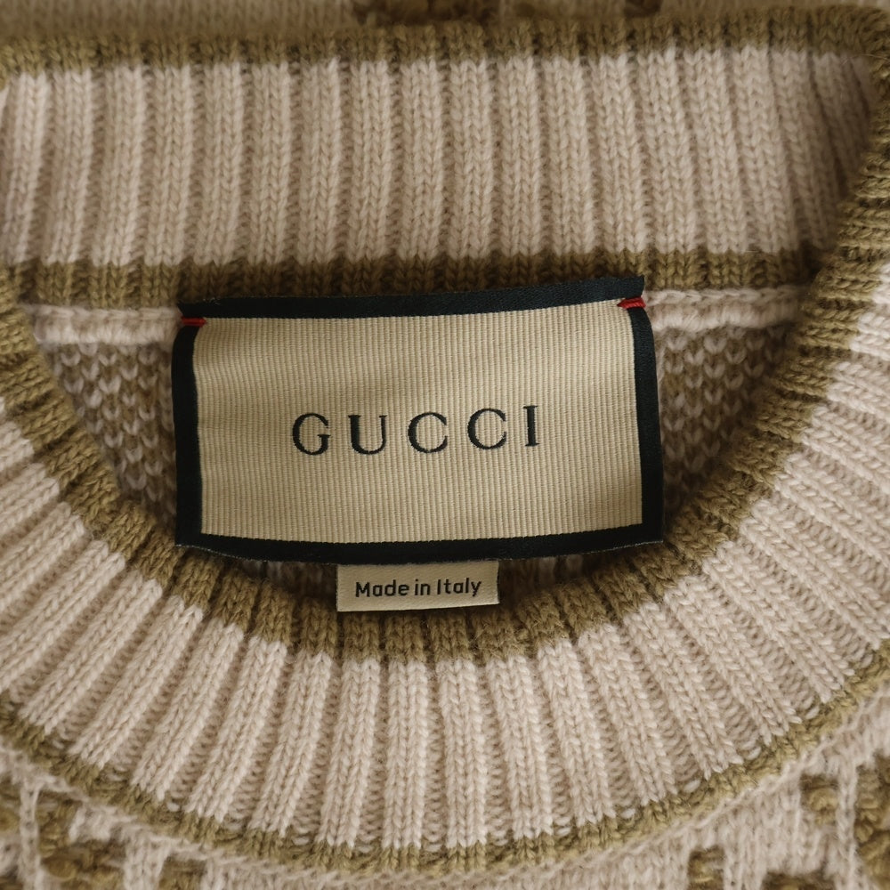 GUCCI(グッチ) GGブークレ ウール ジャガード トップ ロゴ総柄 モックネック プルオーバー 半袖ニット セーター ベージュ レディース 770059 XKCNA