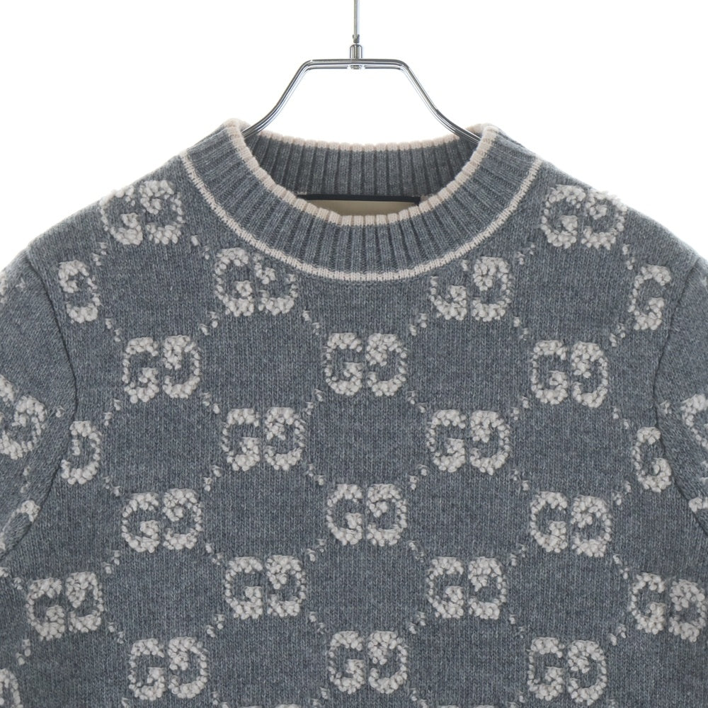 GUCCI(グッチ) GGブークレ ウール ジャガード トップ ロゴ総柄 モックネック プルオーバー 半袖ニット セーター ベージュ グレー 770059 XKCNA レディース