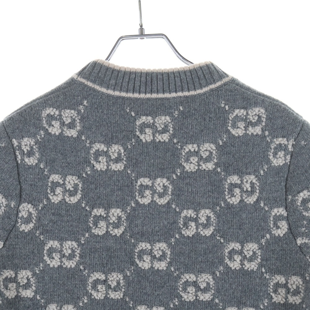 GUCCI(グッチ) GGブークレ ウール ジャガード トップ ロゴ総柄 モックネック プルオーバー 半袖ニット セーター ベージュ グレー 770059 XKCNA レディース