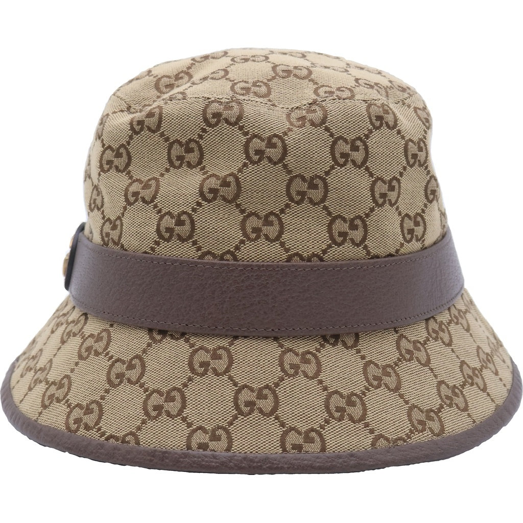 GUCCI(グッチ) GGキャンバス レザーベルト フェドラ バケットハット 帽子 ブラウン 576587 レディース