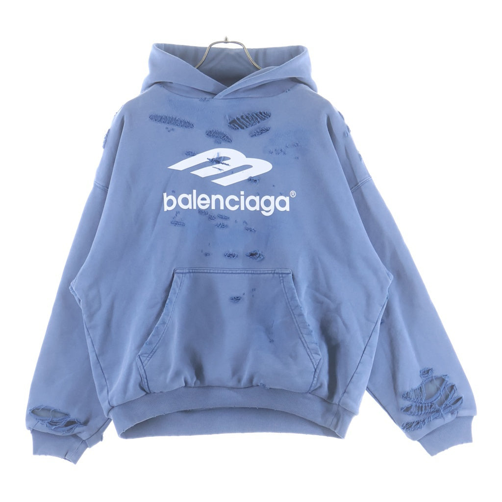 BALENCIAGA(バレンシアガ) DESTROYLAYERD SPORTS HOODIE デストロイ加工 フロントロゴ プルオーバースウェットパーカー フーディー ブルー 818598 TRVH2